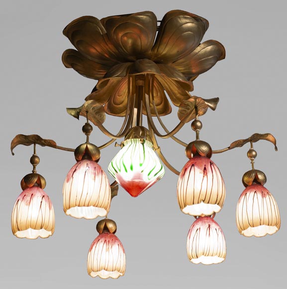 Lustre ancien de style Art Nouveau à sept lumières-0