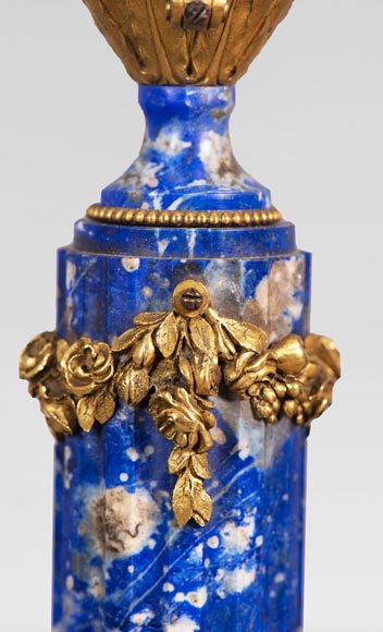Charles Varangoz - Paire de bougeoirs de style Louis XVI en lapis-lazuli et bronze doré-7