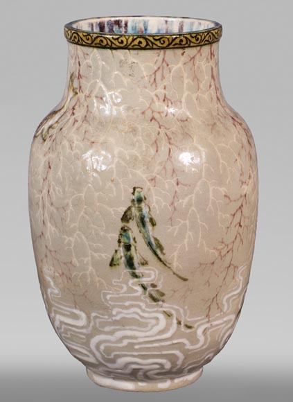 Edmond LACHENAL (1855-1930) - Vase ovoïde en céramique vernissée à décor de carpes-2
