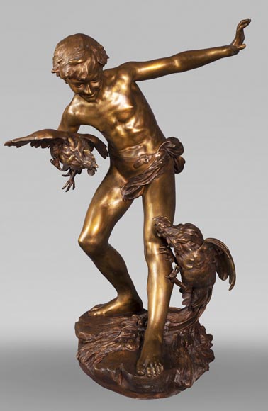 Paul Romain CHEVRÉ (1866-1914) - Le combat de coqs, bronze à patine mordorée-1