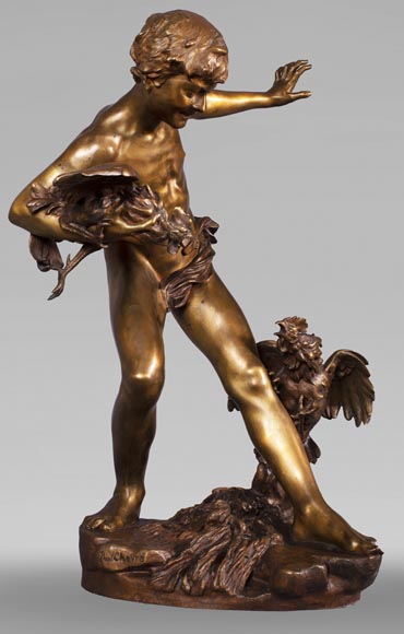 Paul Romain CHEVRÉ (1866-1914) - Le combat de coqs, bronze à patine mordorée-2