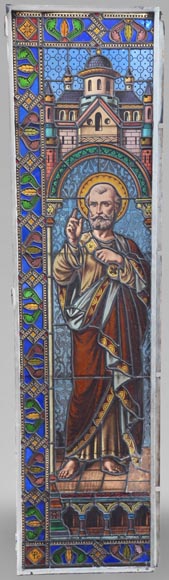 Paire de double vitraux religieux représentant des saints-11