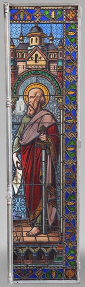 Paire de vitraux religieux représentant des saints-15