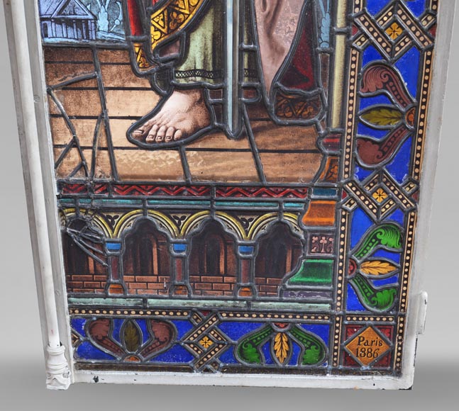 Paire de vitraux religieux représentant des saints-18