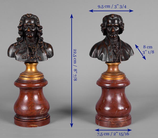 Paire de bustes Voltaire et Rousseau en bronze patiné et marbre -13