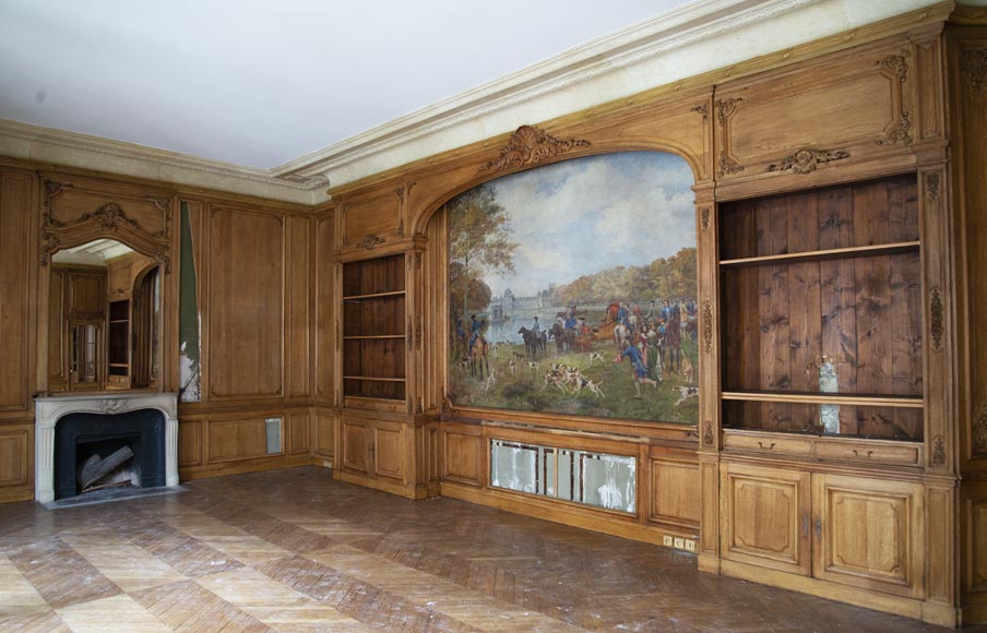 Pièce de boiserie de style Louis XV avec sa cheminée en pierre et un tableau peint par Paul Tavernier-0