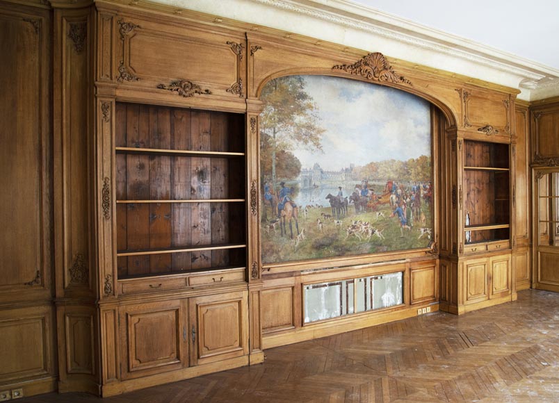 Pièce de boiserie de style Louis XV avec sa cheminée en pierre et un tableau peint par Paul Tavernier-1