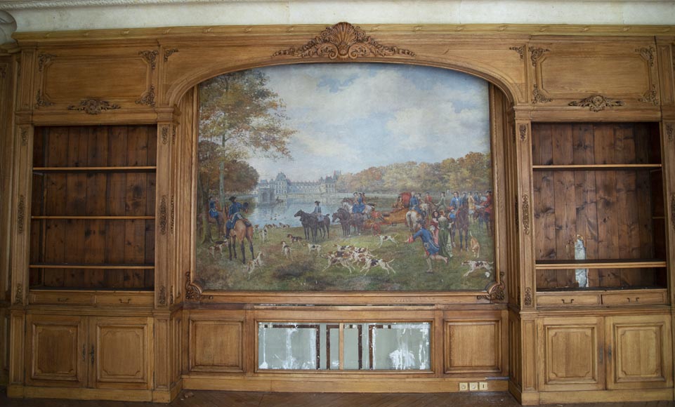 Pièce de boiserie de style Louis XV avec sa cheminée en pierre et un tableau peint par Paul Tavernier-2