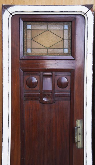 Paire de portes de style Art déco en acajou ajourées de vitrail, probablement d'une cabine de bateau-2