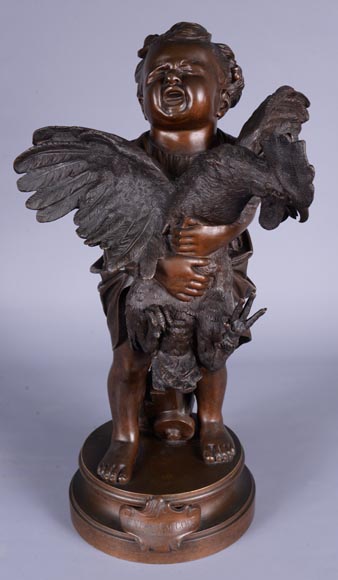 Adriano CECIONI (1836-1886) - L'Enfant au coq, sujet en bronze à patine brune-0