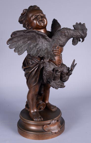 Adriano CECIONI (1836-1886) - L'Enfant au coq, sujet en bronze à patine brune-1