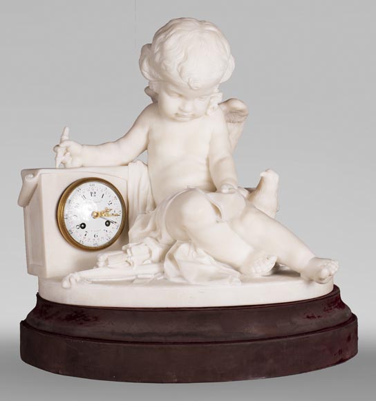 Pendule d'après un modèle de Jean Baptiste Pigalle en marbre de Carrare de la fin du XIXe-0