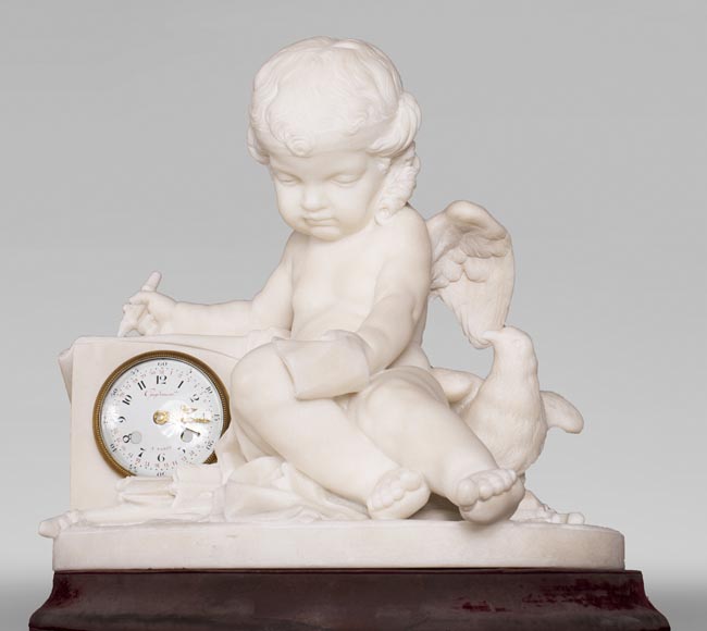 Pendule d'après un modèle de Jean Baptiste Pigalle en marbre de Carrare de la fin du XIXe-2