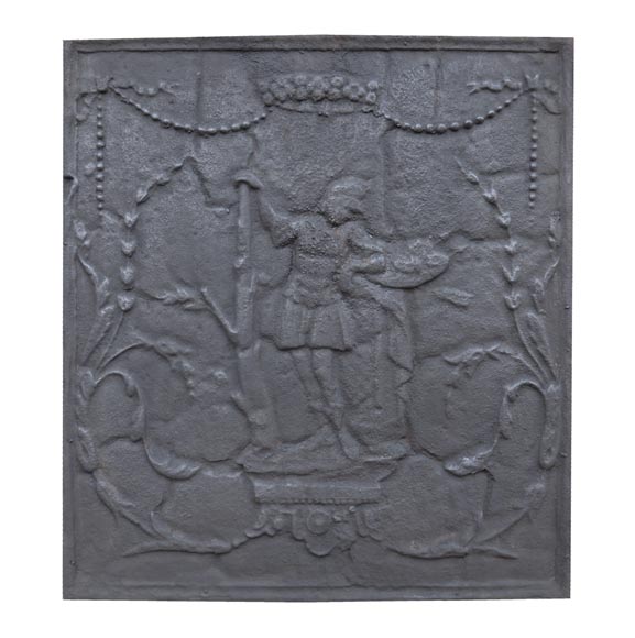 Plaque de cheminée ancienne à décor de soldat en armure, XIXe siècle-0