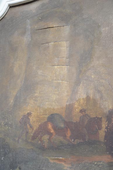 Trumeau ancien de style Louis XV avec une huile sur panneau représentant une scène de marchands à cheval-5