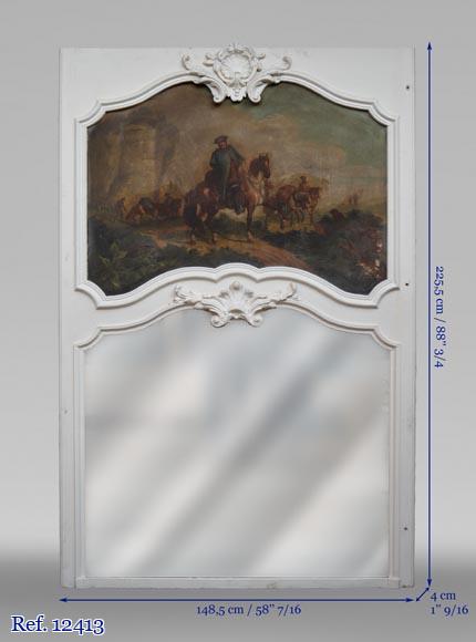 Trumeau ancien de style Louis XV avec une huile sur panneau représentant une scène de marchands à cheval-9