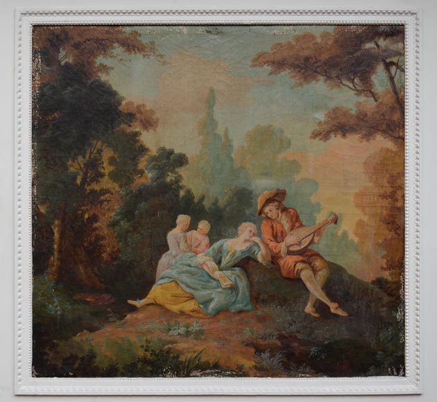 Trumeau ancien de style Louis XVI avec une huile sur toile à décor de scène galante-1
