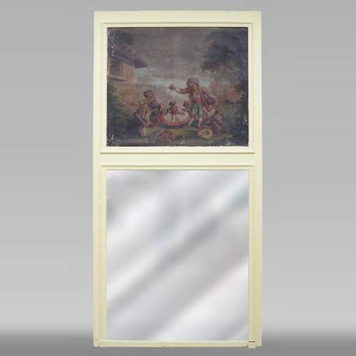 Trumeau ancien avec une huile sur toile représentant une scène d'enfants s'amusant avec un chien