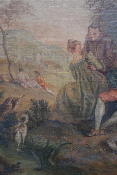 Trumeau ancien peint orné d'une huile sur toile représentant une scène galante-2