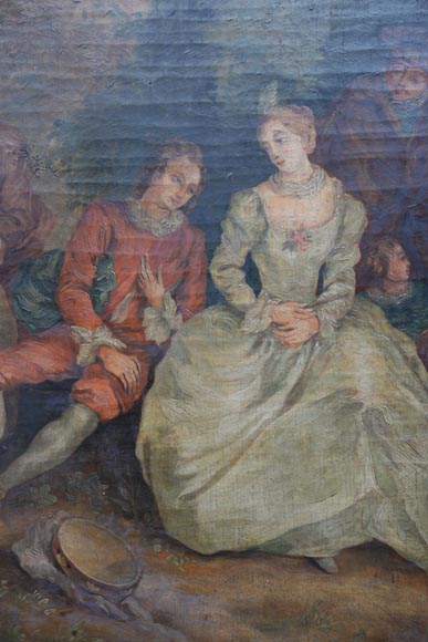 Trumeau ancien peint orné d'une huile sur toile représentant une scène galante-3