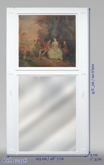 Trumeau ancien peint orné d'une huile sur toile représentant une scène galante-8