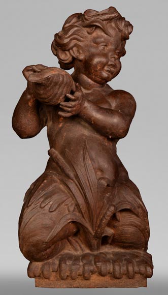 Statue en fonte formant fontaine d'un enfant au coquillage-0