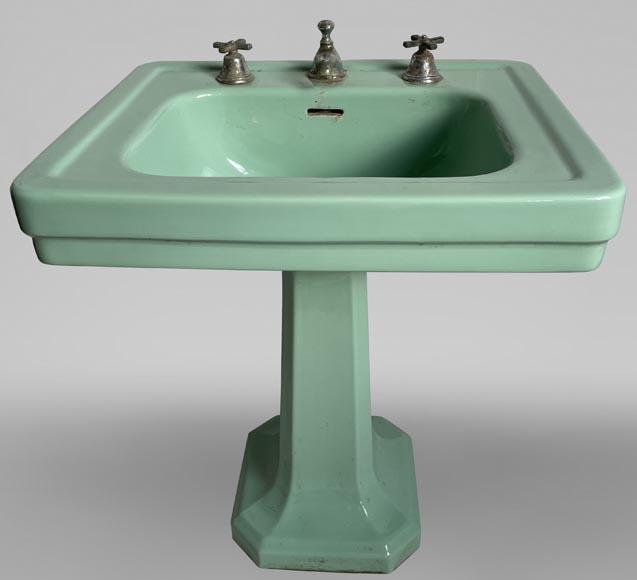 Lavabo vert en faïence sur pied, Standard, années 50-0