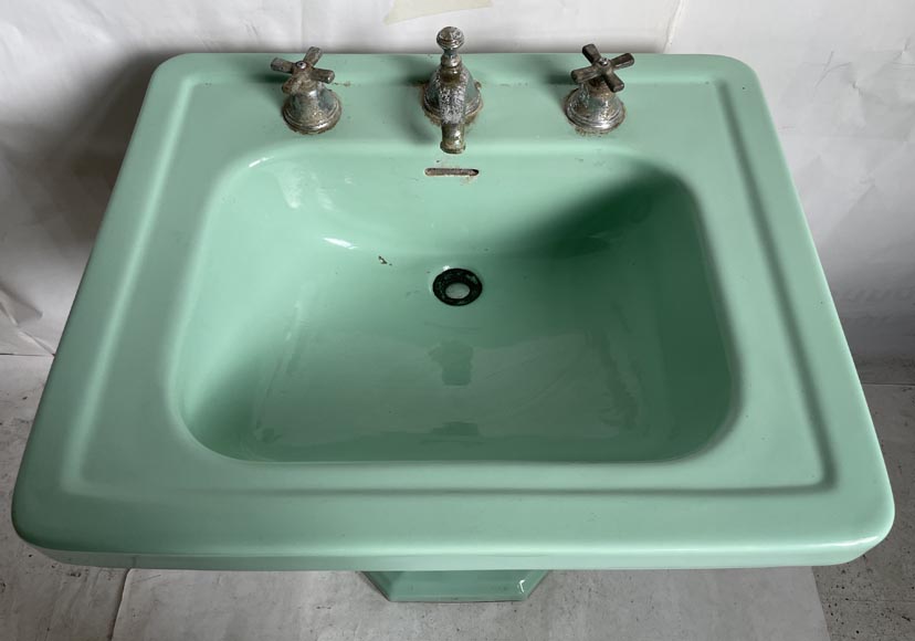 Lavabo vert en faïence sur pied, Standard, années 50-3