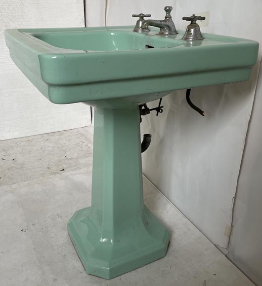 Lavabo vert en faïence sur pied, Standard, années 50-5