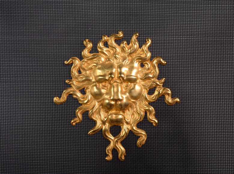 Pare étincelle en bronze doré de style Napoléon III aux mascarons de lion et de putto-3