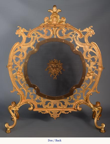 Pare étincelle en bronze doré de style Napoléon III aux mascarons de lion et de putto-7