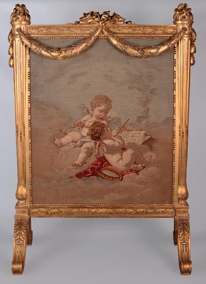 Pare-étincelle de style Louis XVI en bois doré et tapisserie d'Aubusson représentant une allégorie de la Musique-0