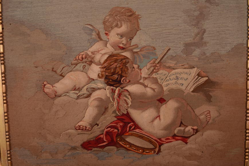Pare-étincelle de style Louis XVI en bois doré et tapisserie d'Aubusson représentant une allégorie de la Musique-4