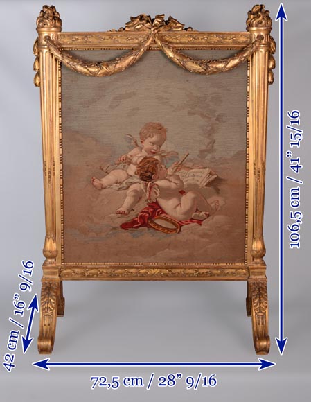 Pare-étincelle de style Louis XVI en bois doré et tapisserie d'Aubusson représentant une allégorie de la Musique-11