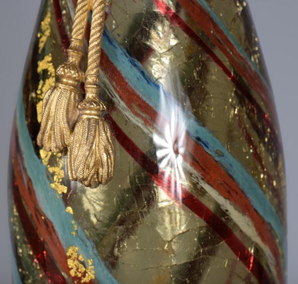 Ernest LEVEILLE - Exceptionnel vase en verre craquelé à décor intercalaire polychrome et doré sur monture en bronze doré, vers 1890-10
