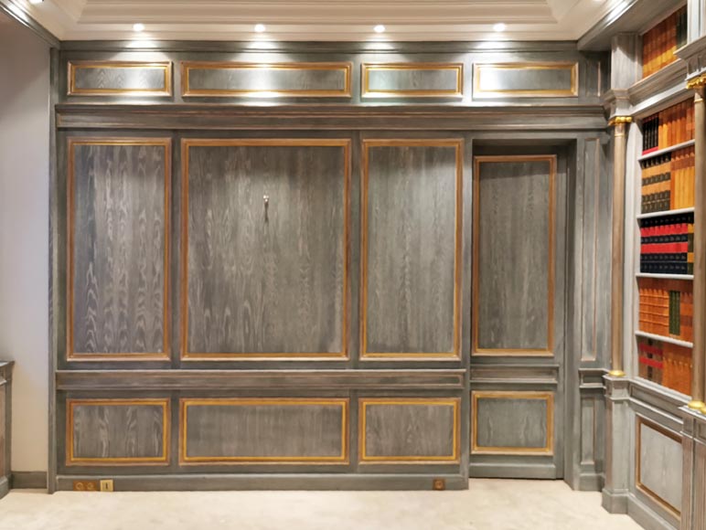 Pièce de boiserie à décor de bibliothèque en trompe l’oeil, fin du XXe siècle-13