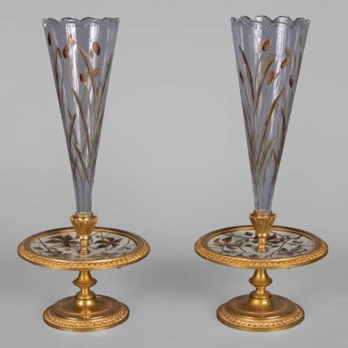 Ferdinand Duvinage – Paire de vases soliflores à décor en marqueterie d'ivoire