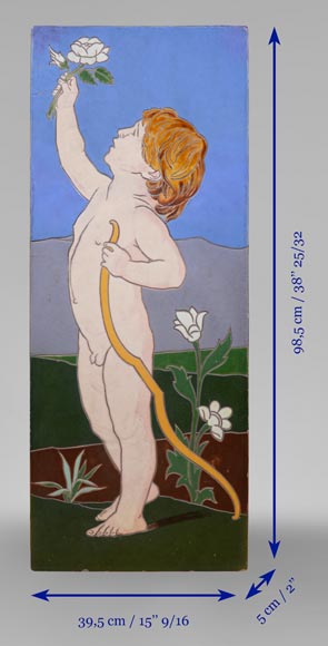 Jules LOEBNITZ (1836 – 1895), Panneau en céramique « Enfant à la fleur »-9