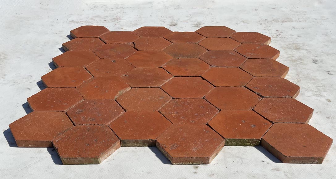 Lot d'environ 8m² de dalles hexagonales anciennes en terre cuite, XIXe siècle-1