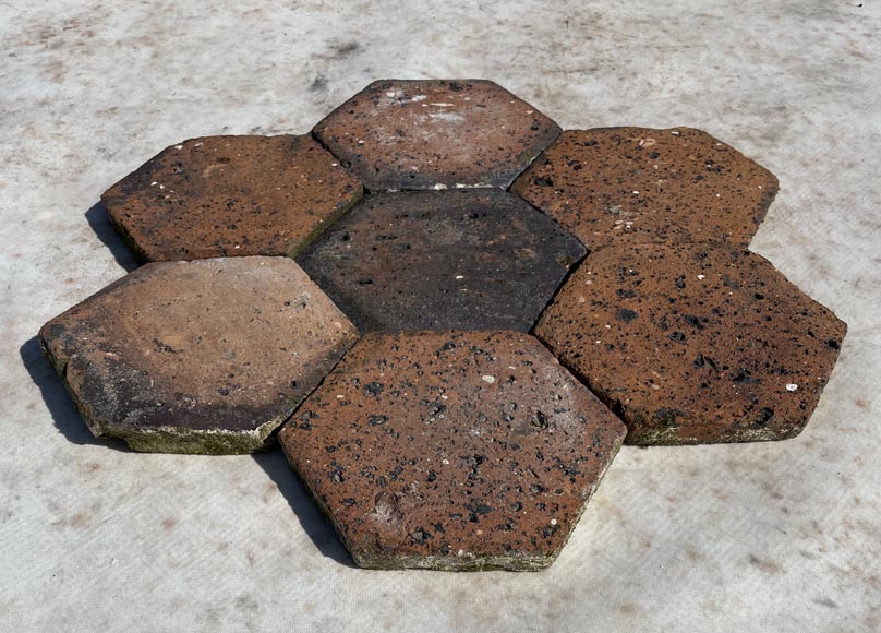 Lot d'environ 2m² de dalles hexagonales anciennes en terre cuite, XIXe siècle-1