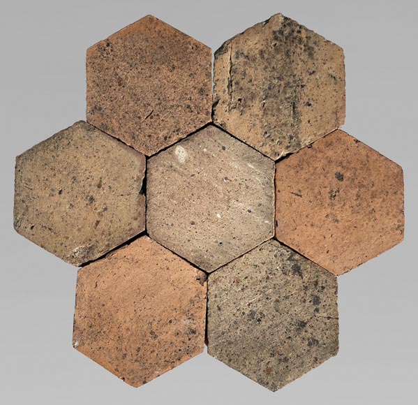 Lot d'environ 6m² de dalles hexagonales anciennes en terre cuite, XIXe siècle-0
