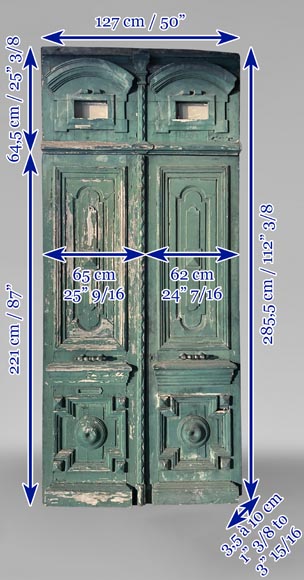 Grande double porte en bois peint en vert et dessus de porte, XXe siècle -12