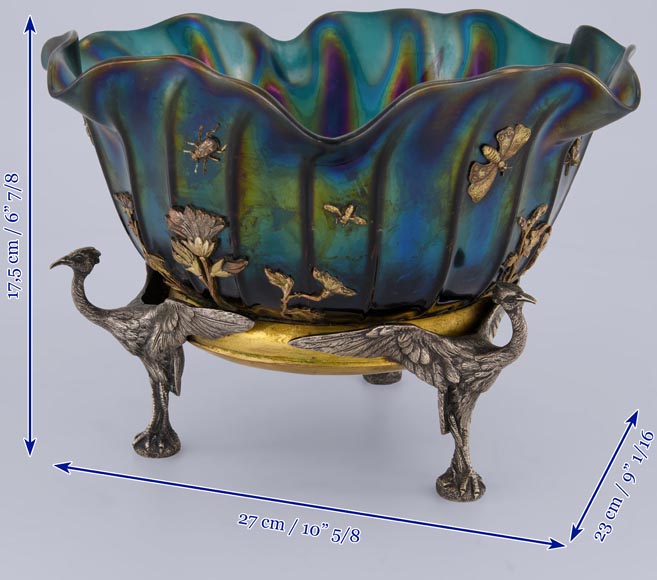 Maison GIROUX et Ferdinand DUVINAGE - Exceptionnelle et rare coupe aux échassiers en verre irisé et décor de galvanoplastie, vers 1870-1880-8