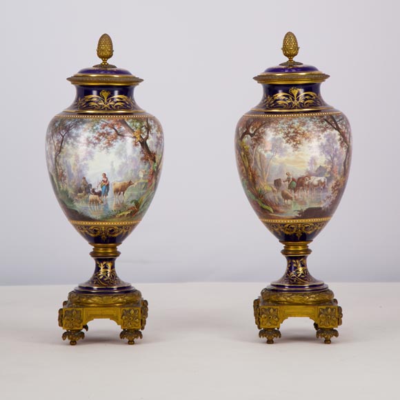 Paire de vases en porcelaine Sèvres montés en bronze doré et peints par J. Machereau, vers 1870-6