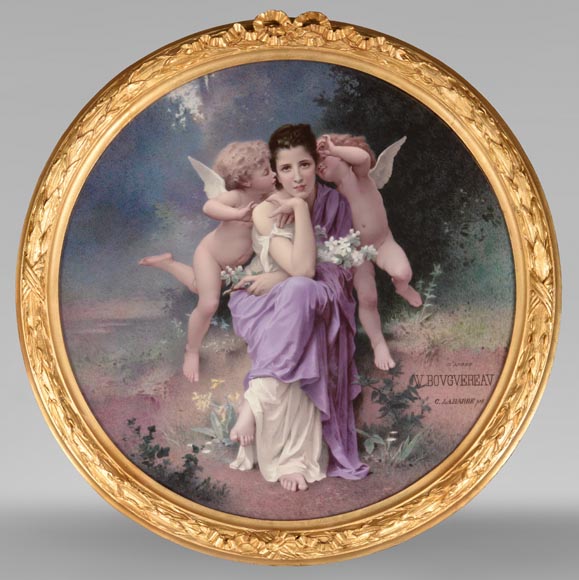 Charles LABARRE (-1906) Plaque ronde en porcelaine de Sèvres « Chanson de Printemps » d’après W. Bouguereau (1825-1905), vers 1890-0