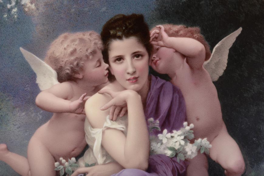 Charles LABARRE (-1906) Plaque ronde en porcelaine de Sèvres « Chanson de Printemps » d’après W. Bouguereau (1825-1905), vers 1890-2