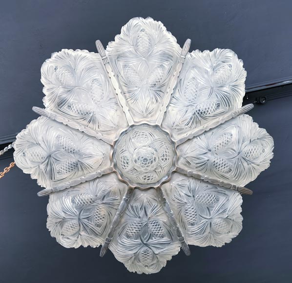 Grand Plafonnier Abat-jour Art Déco Skyscraper - Verre Pressé Moulé, Blanc, Vintage