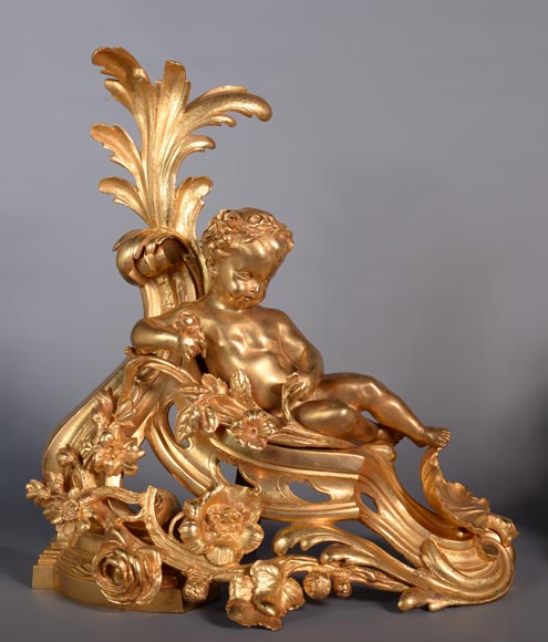 Paire de chenets Napoléon III en bronze doré représentant Vénus et Bacchus enfant -1
