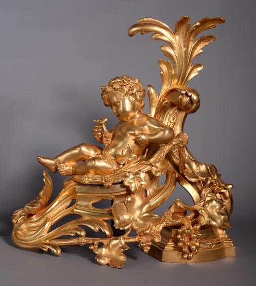 Paire de chenets Napoléon III en bronze doré représentant Vénus et Bacchus enfant -3