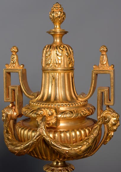 Belle paire de chenets en bronze doré de style Louis XVI aux vases-4